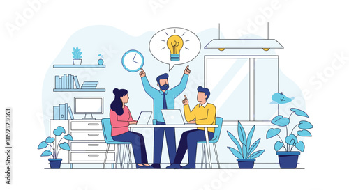 Business colleagues collaborate in a modern office setting where a team leader presents a bright new idea during a meeting.