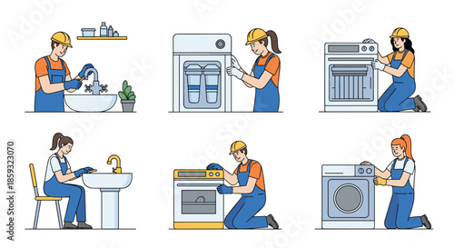 Professional repair workers in blue overalls fixing common household appliances including sinks, ovens, and washing machines.