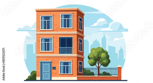 Three story brick apartment building stands prominently in an urban environment with a city skyline and trees in the background.