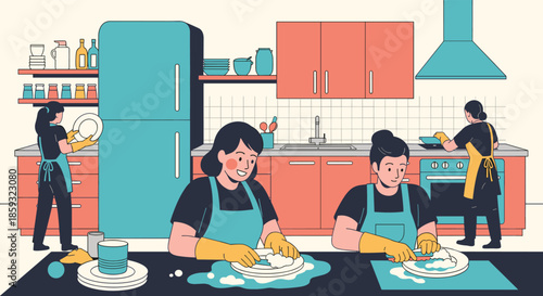 Industrial cleaning team in aprons and gloves works together to wash dishes and scrub surfaces in a professional kitchen.