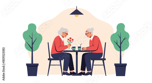Senior couple enjoys a peaceful date at a small outdoor table with coffee and a bouquet of flowers in a garden setting.