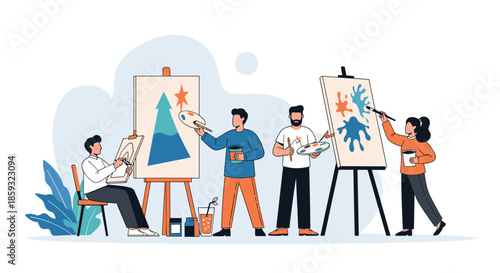 Creative group of artists work on different paintings using easels and palettes during an art workshop or painting class.