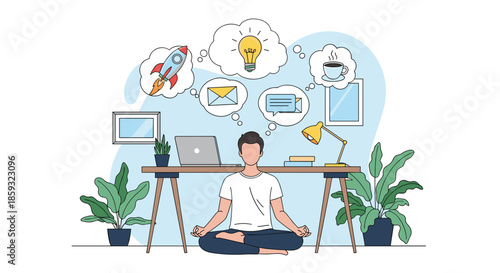 Man practices mindfulness meditation at his office desk while juggling various thoughts about work projects and daily life.