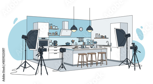 Modern kitchen set is equipped with professional video cameras and studio lighting for a culinary show production.