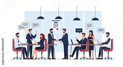 Professional business environment where team members collaborate at desks and two executives shake hands to seal a deal.