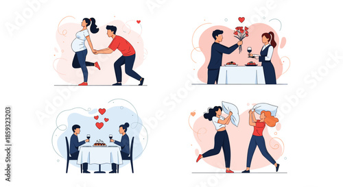 Collection of romantic scenes showing a young couple during pregnancy, a dinner date, sharing a meal, and having a playful pillow fight.