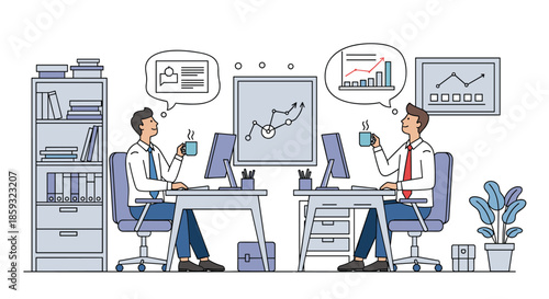 Office workers sitting at computers dreaming about business growth, data analytics, and professional profile success while working.