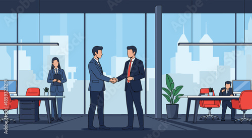 Business handshake between two male partners in a large corporate office with panoramic windows overlooking a metropolitan city.