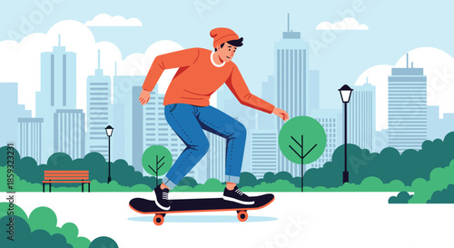 Young man in casual clothes riding a skateboard through a sunny urban park with a modern city skyline in the background.