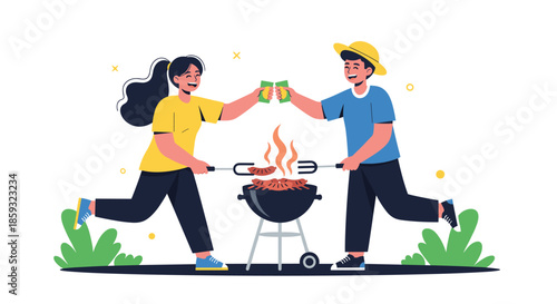 Happy friends or couple enjoying a backyard barbecue toasting with drinks while grilling sausages on a portable charcoal grill.