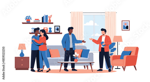 Real estate agent or interior designer showing a modern living room to a couple with stylish furniture and bright window.