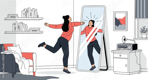 Young woman dancing with joy and self-confidence while looking at her reflection in a large floor-length mirror at home.