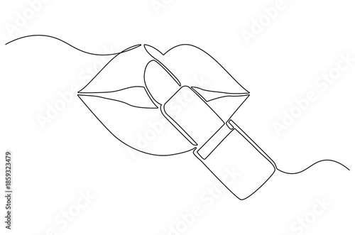 Continuous one line drawing of Female lipstick prints. Single line drawing illustration of Lips with Lipstick Product. Trendy vector design for Product concept vector art. Doodle line illustration.