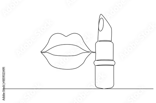 Continuous one line drawing of Female lipstick prints. Single line drawing illustration of Lips with Lipstick Product. Trendy vector design for Product concept vector art. Doodle line illustration.