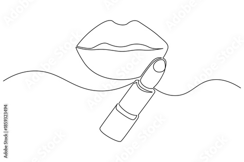 Continuous one line drawing of Female lipstick prints. Single line drawing illustration of Lips with Lipstick Product. Trendy vector design for Product concept vector art. Doodle line illustration.