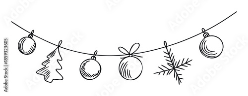 Doodle Christmas garland with hanging tree ornaments, a pine branch, and a festive Christmas tree shape, perfect for holiday season greeting designs and winter celebration graphics.