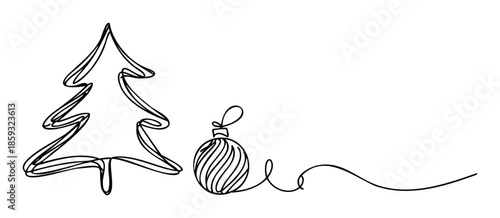 Minimalist one line drawing of a Christmas tree and a holiday ornament with a continuous flowing line perfect for seasonal greeting decorations and festive graphic projects