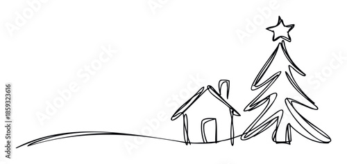 Simple line drawing of a charming house with a festive Christmas tree topped by a star, perfect for holiday greetings, seasonal decorations, or winter event invitations.