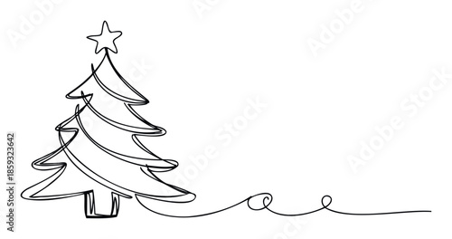 Simple one line drawing of a festive Christmas tree with a star topper perfect for holiday cards winter season marketing and seasonal event invitations