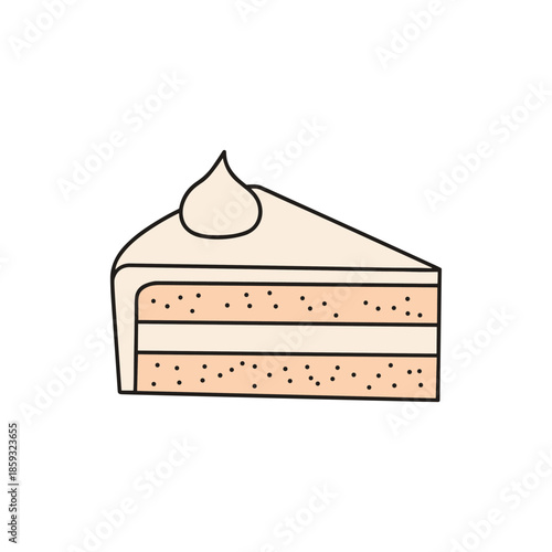 A delightful and delectable cartoon illustration of a single slice of layered vanilla cake, complete with sweet creamy frosting on top, ready for a special occasion or a delicious dessert moment