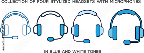 Collection of four stylized headsets with microphones in blue and white tones