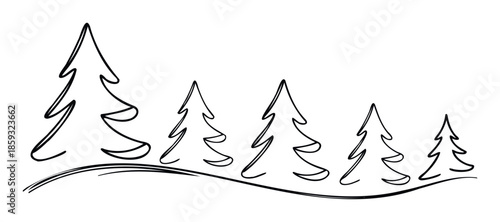 A simple continuous line drawing of multiple stylized fir trees of varying sizes standing in a row on a wavy ground, perfect for holiday greeting cards and winter season decorations.