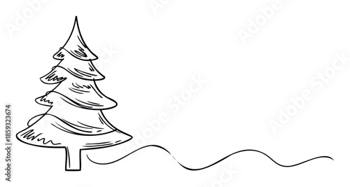 Simple line drawing of a festive Christmas tree with a decorative wavy line for holiday greetings or winter season marketing materials and event invitations