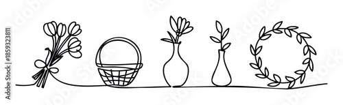 Minimalist continuous line drawing showcasing a spring flower bouquet, an empty basket, two vases with botanical elements, and a delicate leaf wreath, suitable for simple graphic