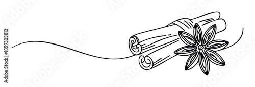 Simple black line artwork featuring fragrant cinnamon spice sticks and a beautiful star anise, ideal for food preparation concepts, seasonal recipes, and warm beverage designs.