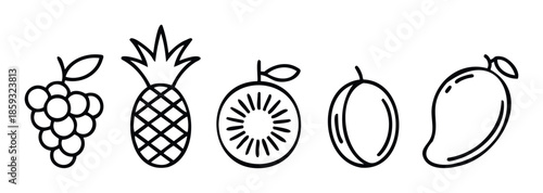 Collection of hand drawn fruit outline icons including grapes pineapple kiwi passion fruit and mango perfect for healthy food branding and nutritional content