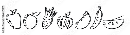 A collection of simple hand drawn fruits and vegetables including apples carrots eggplant banana and watermelon perfect for healthy eating food themed projects