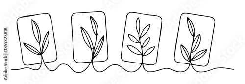 Simple black outline drawing featuring four framed leafy twigs joined by an unbroken curvilinear path, ideal for understated nature themed graphics and elegant web presentations.