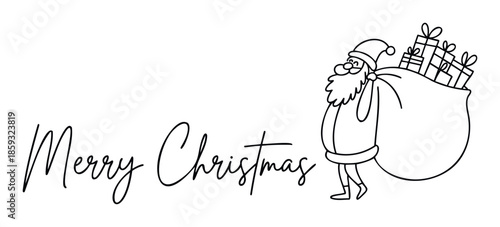 Cheerful Santa Claus carrying a huge sack filled with various wrapped presents accompanied by a handwritten Merry Christmas greeting suitable for seasonal promotions and holiday invitations