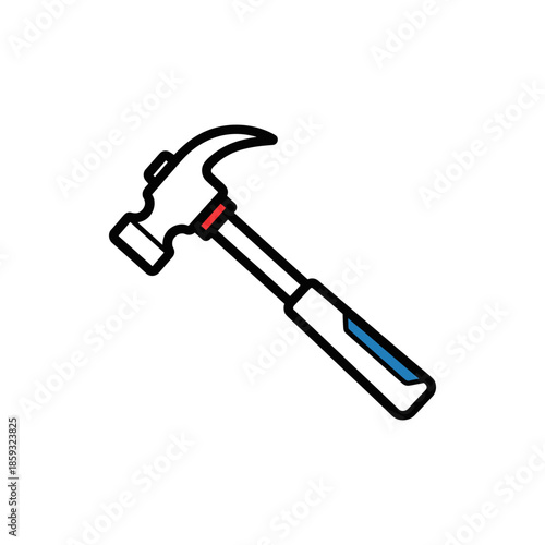 Isolated illustration of a claw hammer with a red and blue accent on its handle against a white background, showcasing a common tool for construction and DIY projects