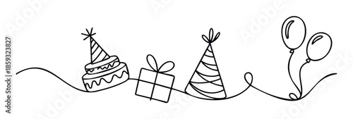 Celebratory one line drawing featuring a birthday cake, gift box, party hats, and balloons, perfect for event invitations, festive greeting pages, or party decoration graphics.