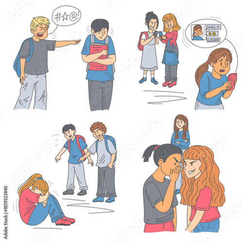 Children bullying set vector isolated. Illustration of kids bully girls and boys. Conflict in school, victim crying. Emotional stress, social problems. Humiliation in childhood. Bad behavior.