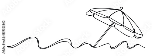 Abstract line artwork featuring a beach umbrella shading gentle waves, suitable for seasonal promotions, casual event invitations, or serene holiday branding.
