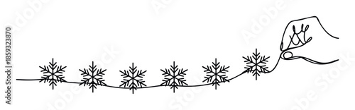 Simple handdrawn continuous line creates a festive garland of delicate snowflakes, perfect for winter holiday greeting decorations, seasonal event invitations, or cozy home craft projects.