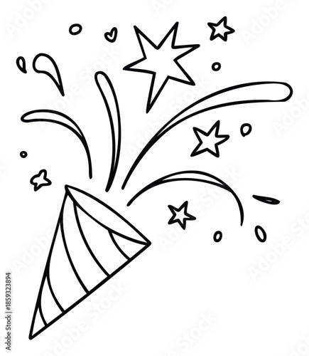 Festive party popper bursting with stars and confetti, perfect for joyful celebrations, event invitations, birthday greetings, and cheerful announcements