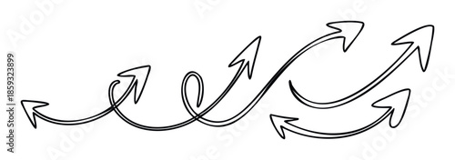 Dynamic collection of hand drawn doodle arrows symbolizing direction and movement, perfect for presentations, educational materials, or user interface navigation guides