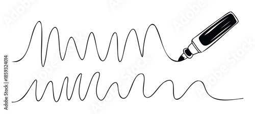 Marker pen creating continuous black lines with an undulating, organic pattern, suitable for adding a playful or energetic touch to various visual communication projects.