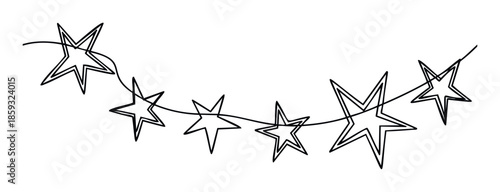Black outline stars connected by a flowing line create a charming festive garland, perfect for holiday greetings, party decorations, or celebratory event branding.