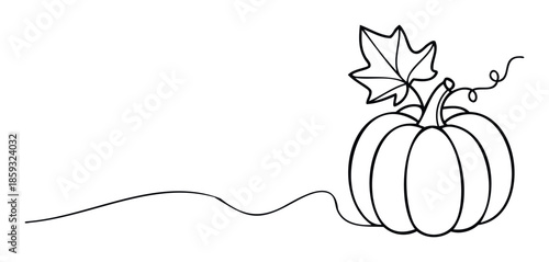 Minimalist continuous line drawing of an autumn pumpkin with a delicate leaf and curling vine, perfect for fall season graphic projects, Thanksgiving invitations, or Halloween decorations