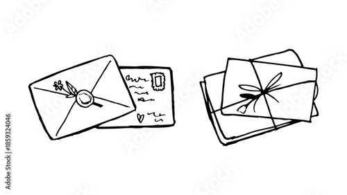 Bilde på lerret Set of two hand drawn line art illustrations with sealed envelope and stacked tied letters