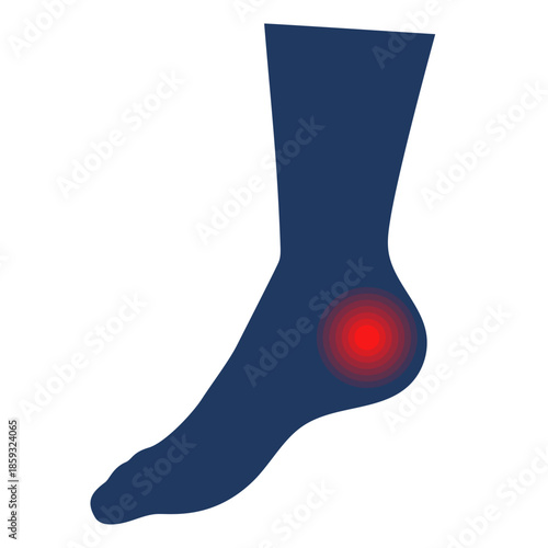 Pain in heel vector isolated. Illustration of a human foot and red dot as a painful area. Concept of medicine and healthcare. Silhouette of a leg.