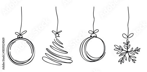 Hand drawn Christmas ornaments set featuring baubles a stylized tree and a snowflake perfect for holiday greeting projects celebration decor and seasonal event marketing