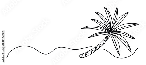 Simple black line drawing of a palm tree on a subtle wavy ground evokes summer vacation and tropical travel, perfect for minimalist holiday event promotions.