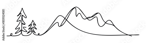 Minimalist continuous line drawing of pine trees and a mountain range creates a simple natural landscape scene perfect for naturethemed graphic design or outdoor branding projects