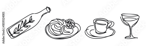 A minimalist continuous line drawing featuring common items like a bottle, a pretzel, a coffee cup, and a wine glass, perfect for menu designs, restaurant promotions, or beveragerelated
