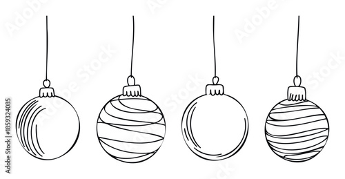 Minimalist black line Christmas ornaments sketch for festive holiday season greetings, winter event invitations, and seasonal decoration graphic projects.